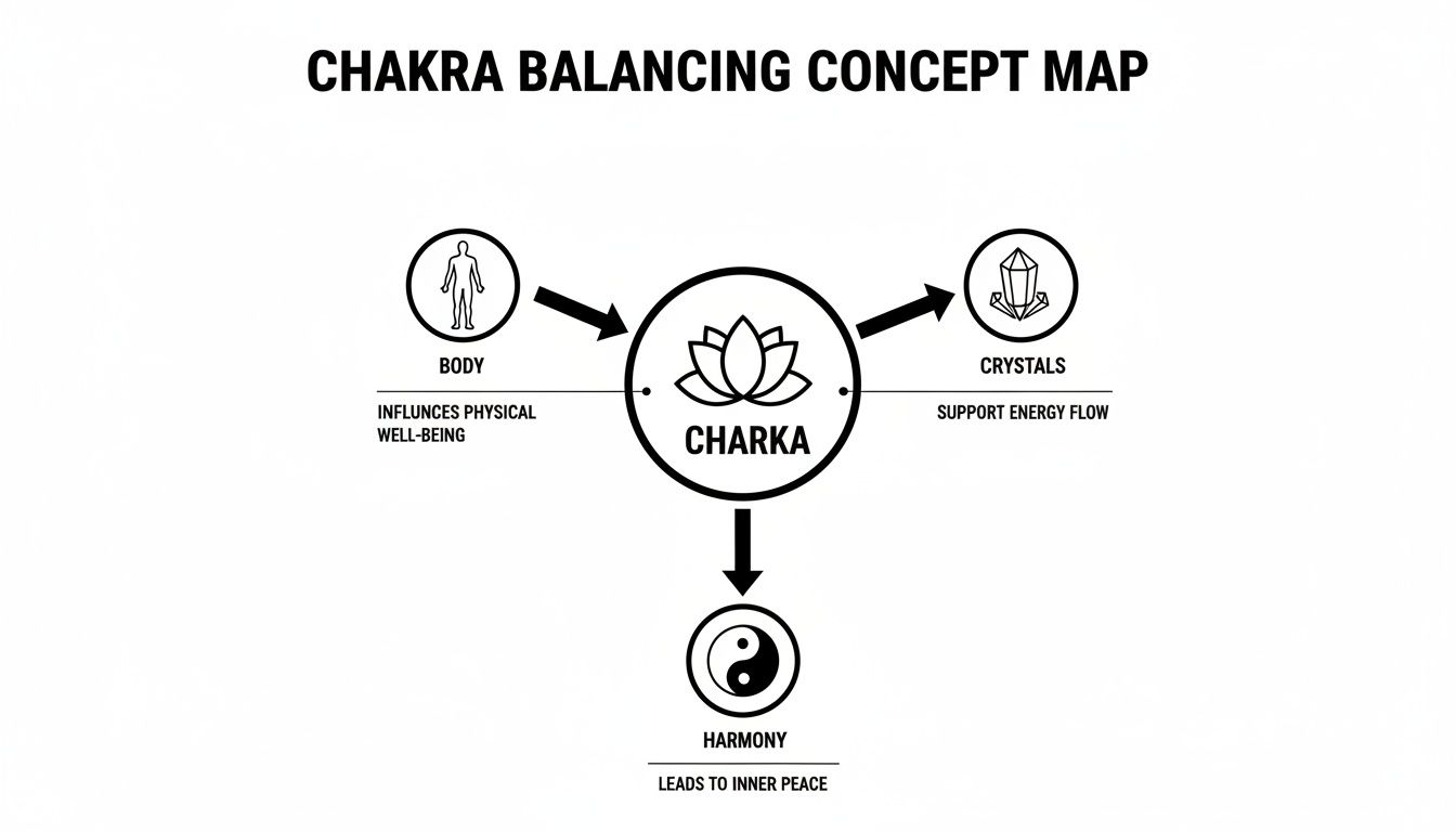 A concept map showing how body and crystals influence chakra, leading to harmony and inner peace.