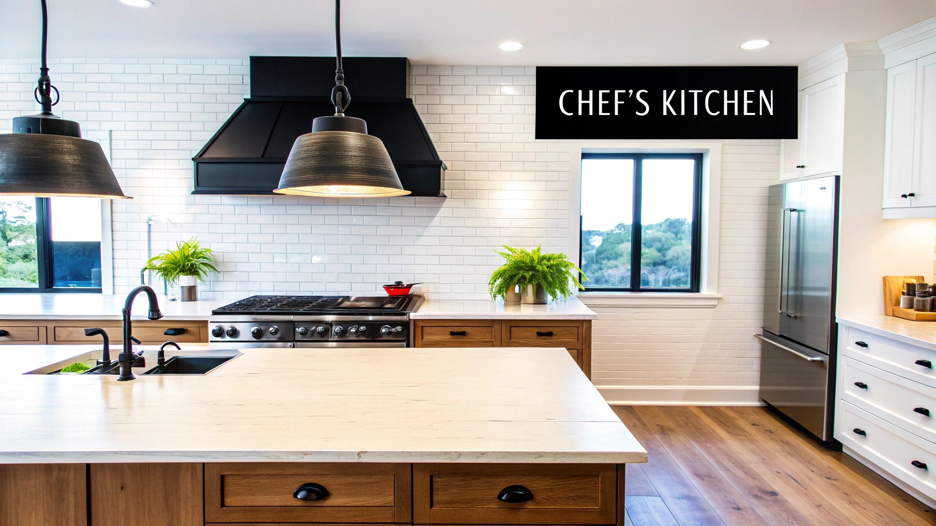 A modern chef's kitchen featuring a large island, stainless steel appliances, and white subway tile.