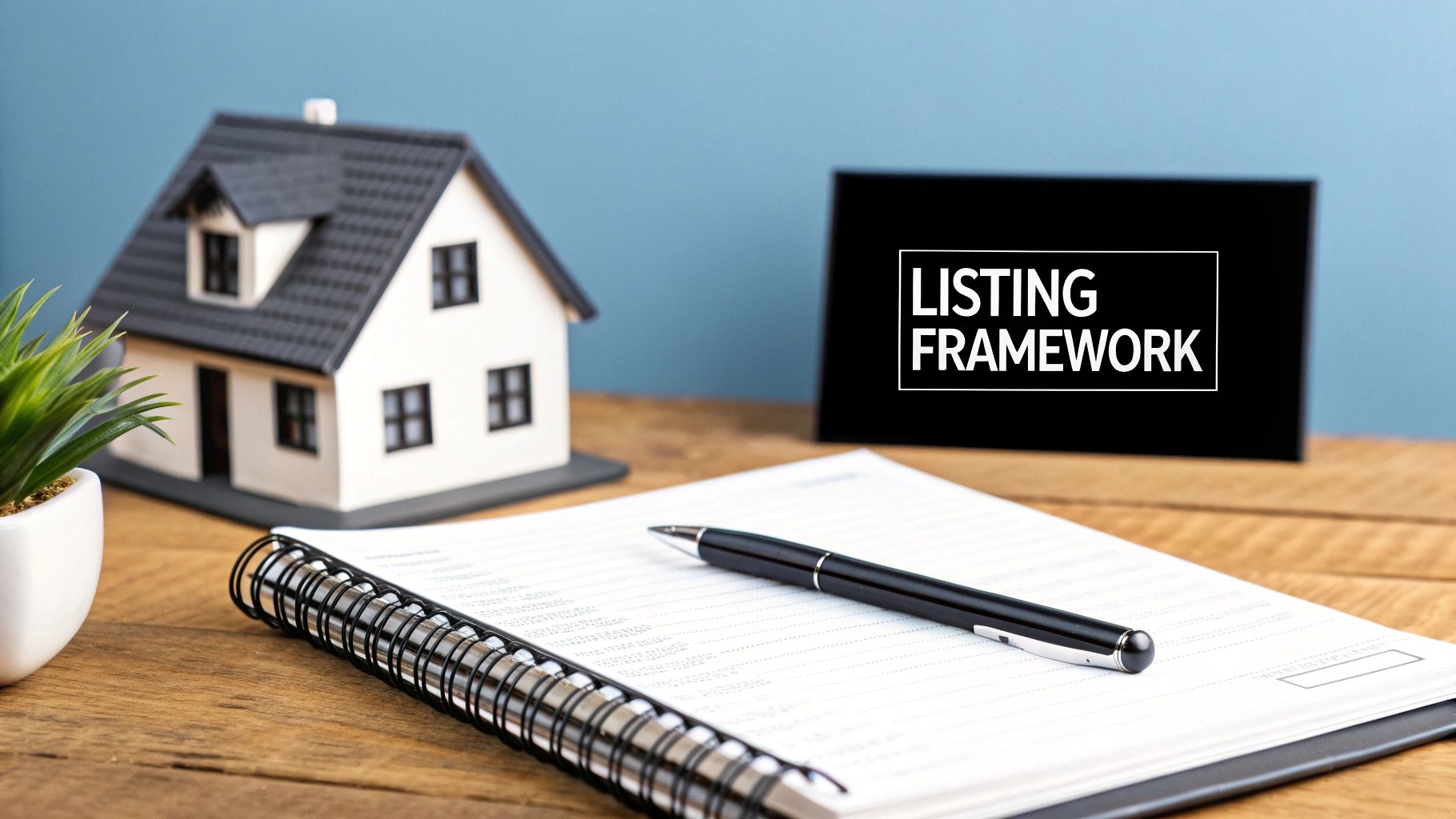 A miniature house model, pen on a notebook, and 'LISTING FRAMEWORK' sign on a wooden desk.