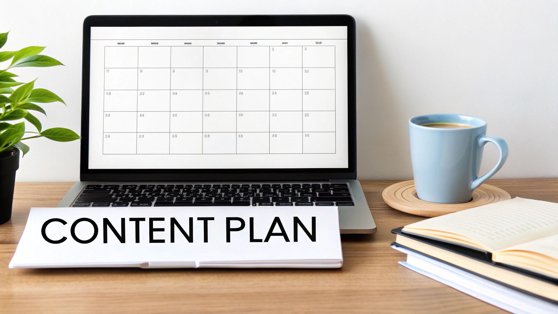 A content plan displayed on a laptop and a physical sheet, with coffee, books, and a plant on a desk.