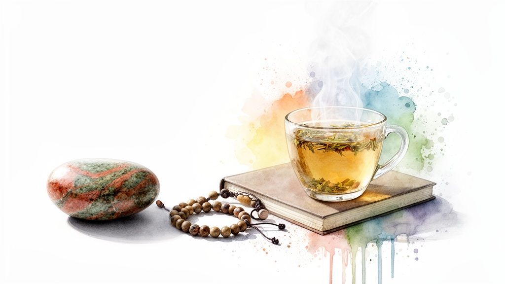 A spiritual still life with a hot tea, book, mala beads, and jasper stone.