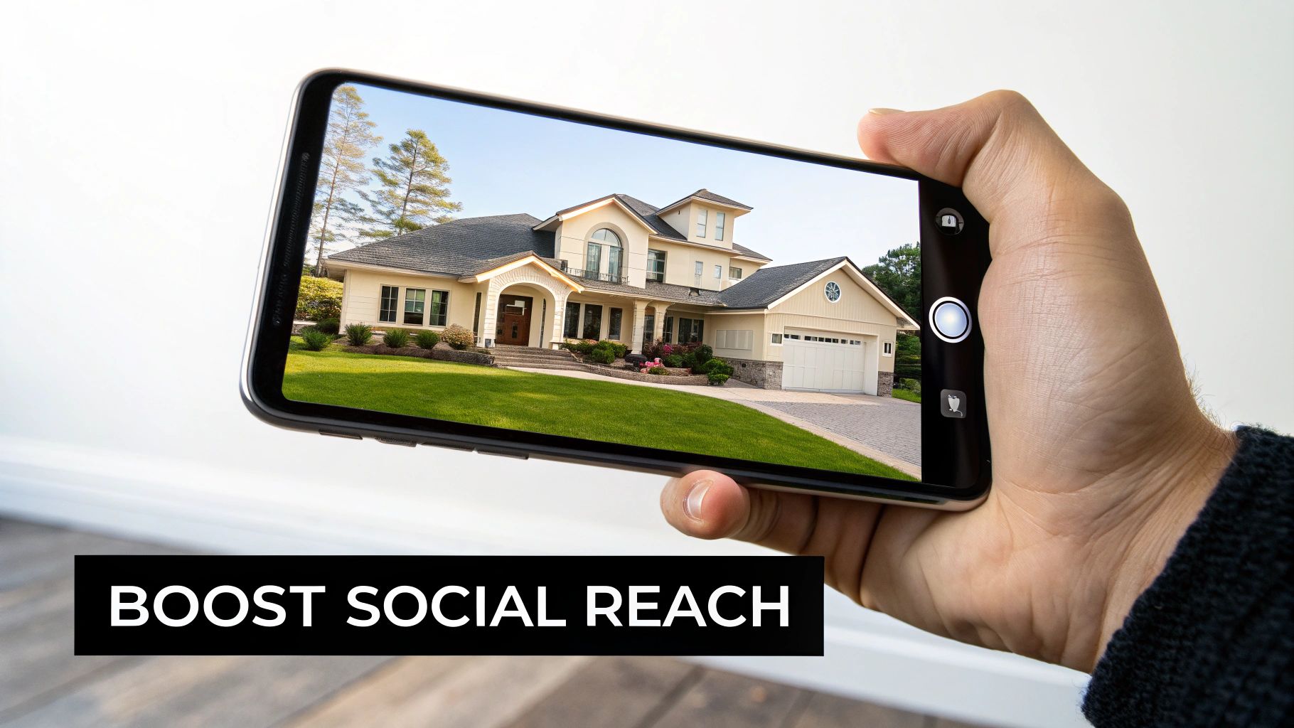 A hand holds a smartphone displaying a luxurious house, with 'BOOST SOCIAL REACH' text below.