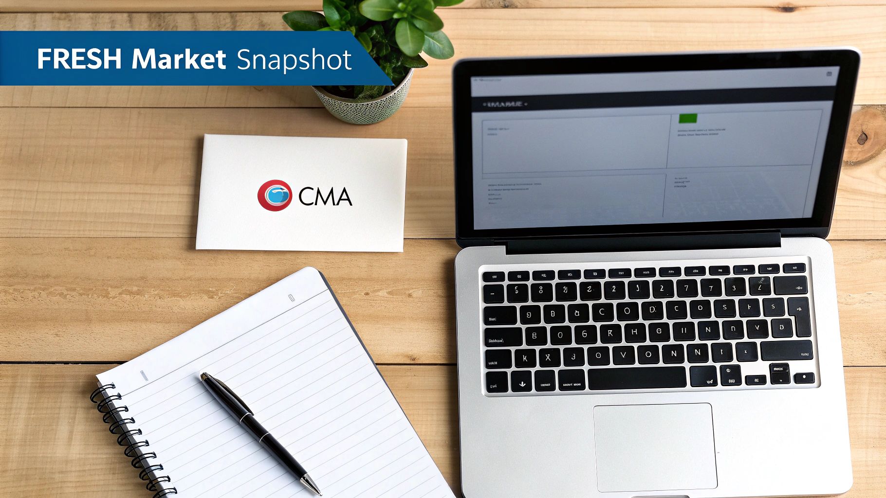 Flat lay of a workspace with a laptop, notebook, pen, plant, and a 'FRESH Market Snapshot' banner on a wooden desk.