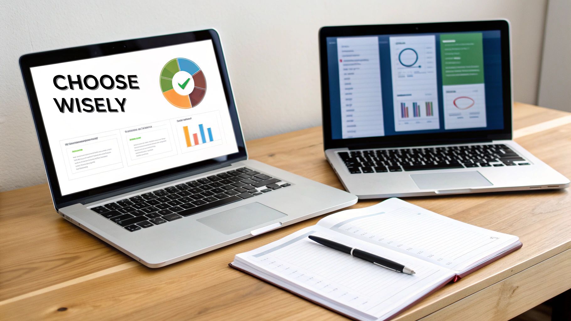 Two laptops displaying business analytics dashboards and choose wisely presentation on wooden desk