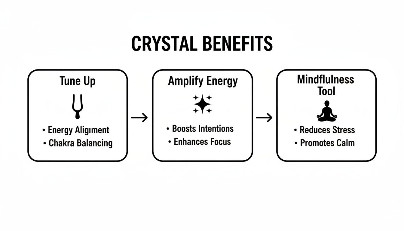 Infographic detailing crystal benefits: tuning up energy, amplifying energy, and serving as a mindfulness tool.