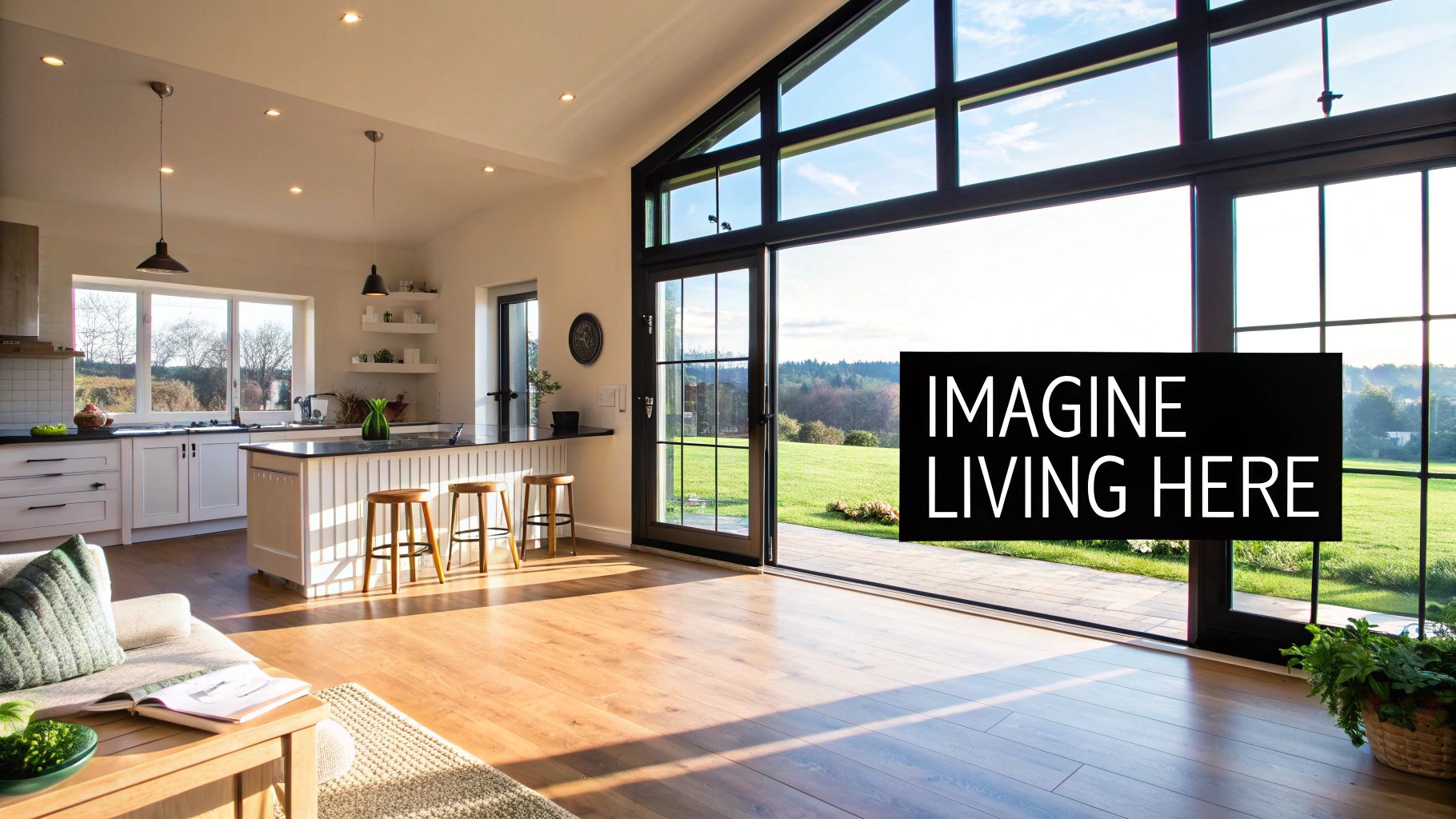 A bright, modern open-concept kitchen and living room with large glass doors opening to a green outdoor landscape.