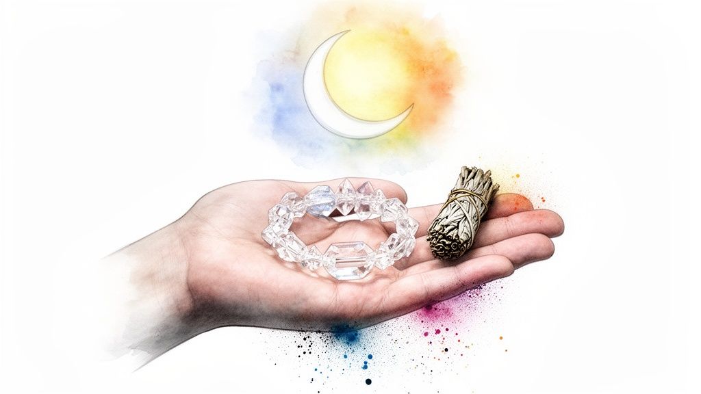 A hand holds a clear crystal bracelet and a sage smudge stick under a crescent moon with colorful hues.