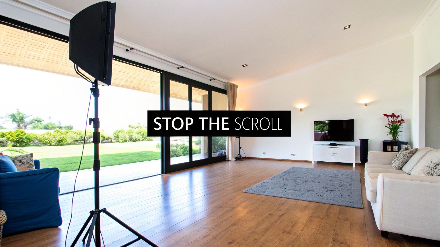 A bright and modern living room with large glass doors overlooking a lush green garden, featuring wooden floors.