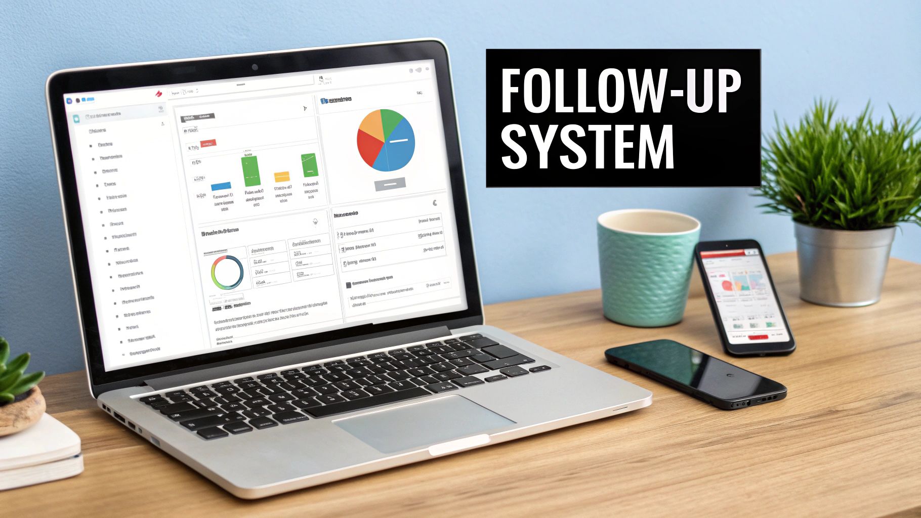A laptop displaying a data dashboard, two smartphones, a mug, and a plant on a wooden desk with 'FOLLOW-UP SYSTEM' text.
