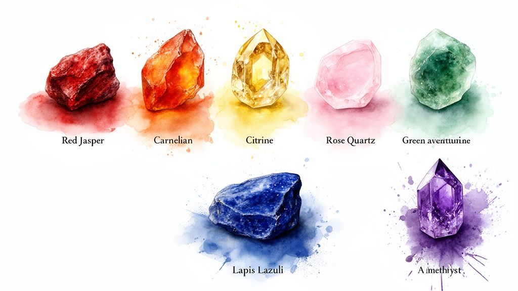 Watercolor illustration of seven colorful healing crystals, including red jasper, carnelian, citrine, and amethyst.