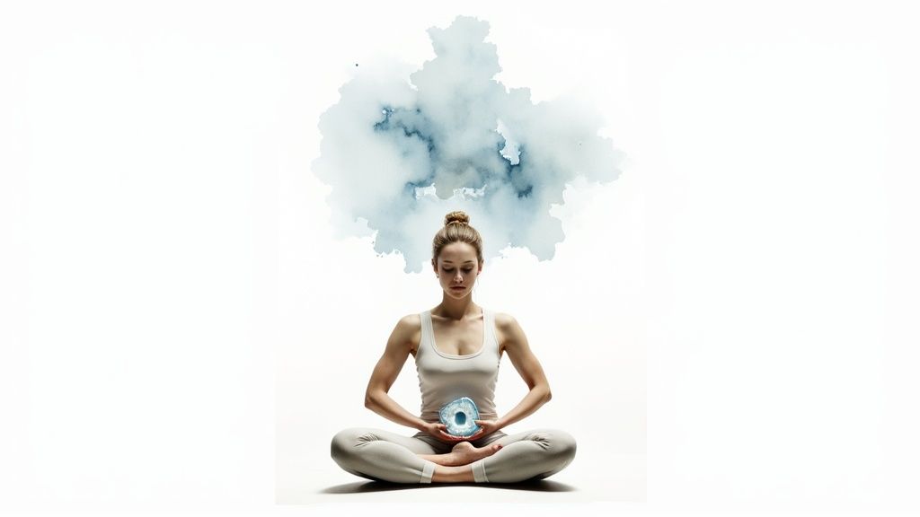 A woman meditates in a lotus position, holding a glowing blue celestite crystal with a cloud of blue watercolor above her head.