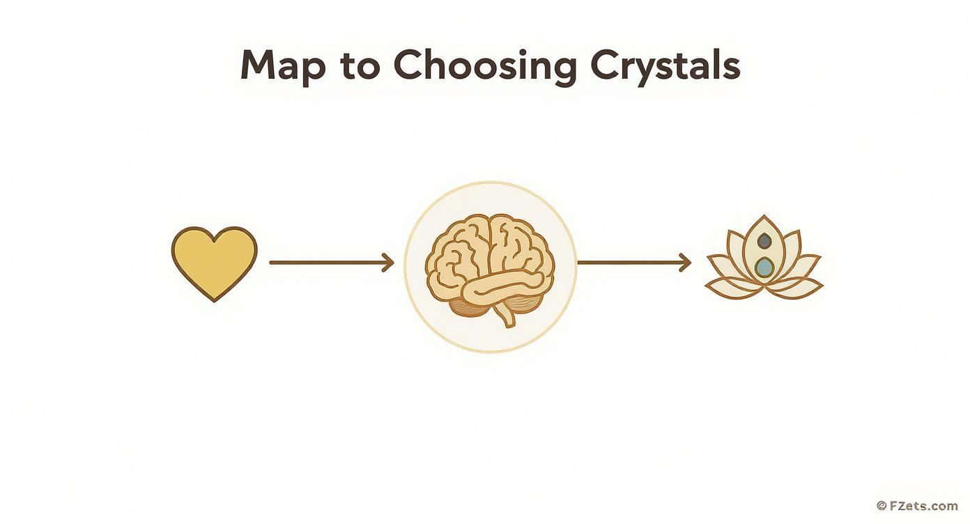 Diagram showing heart symbol, brain icon, and lotus flower illustrating the process of choosing meditation crystals
