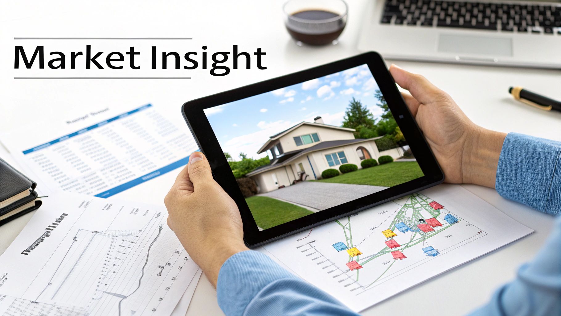 A person viewing a house on a tablet with financial documents, laptop, and coffee on a desk.
