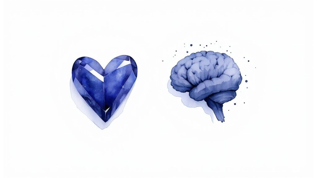A blue watercolor heart-shaped gemstone next to a blue watercolor human brain, symbolizing emotions and intellect.