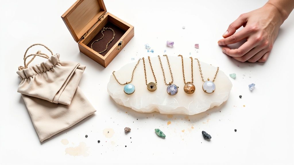 Woman meditating with crystal jewelry placed on a selenite charging plate.