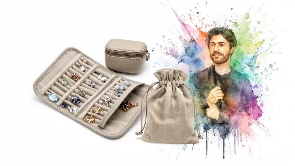 A watercolor illustration of a smiling man next to various jewelry organizers and a fabric pouch.