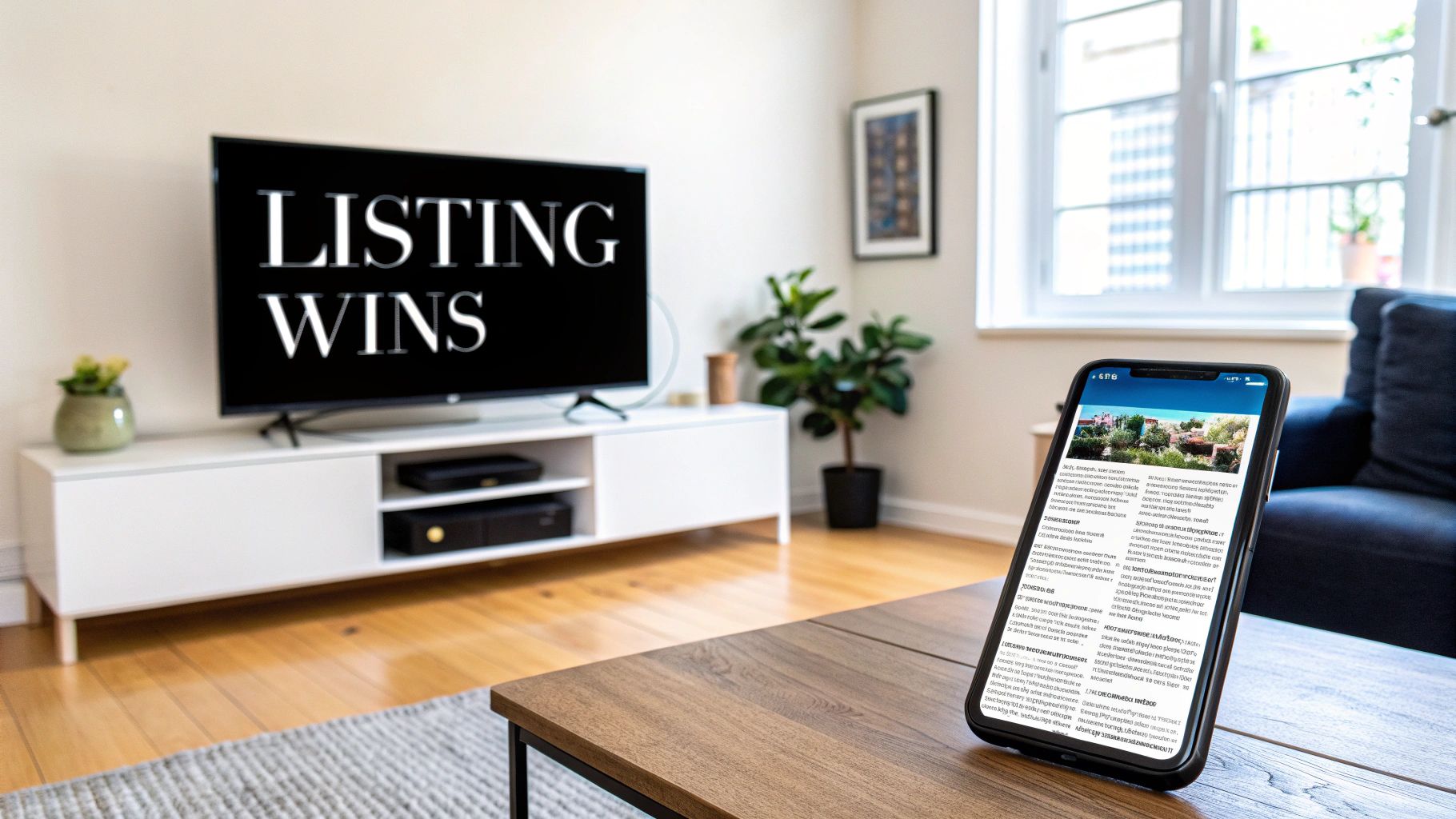 A living room with a TV displaying 'LISTING WINS' and a smartphone showing a real estate listing on a coffee table.