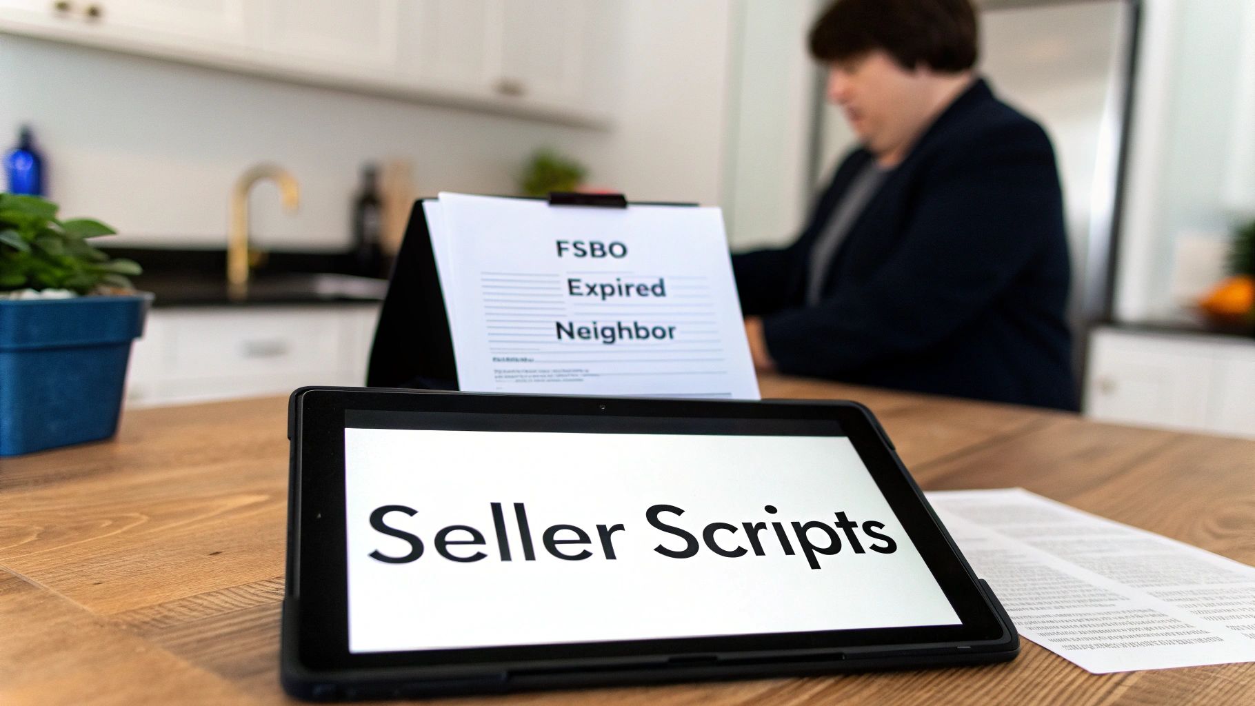 Tablet displaying 'Seller Scripts' and a paper with 'FSBO, Expired, Neighbor' with a person in background.
