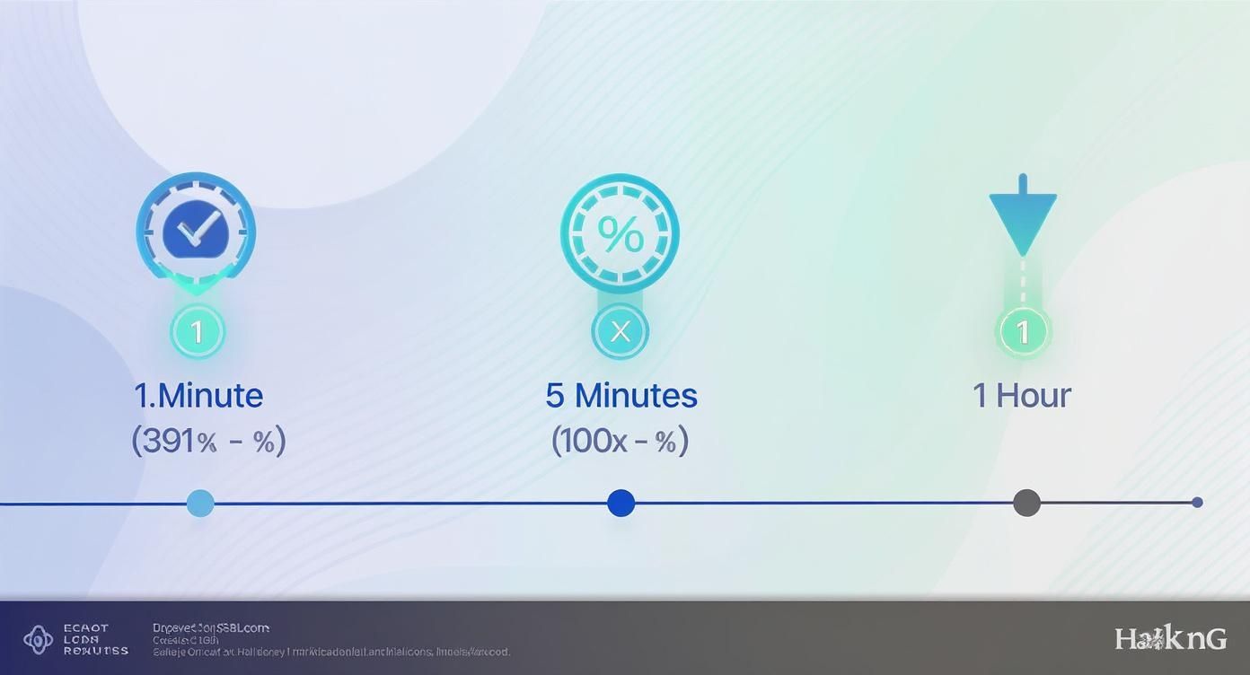 A timeline infographic displaying time intervals: 1 minute, 5 minutes, and 1 hour, with related icons.