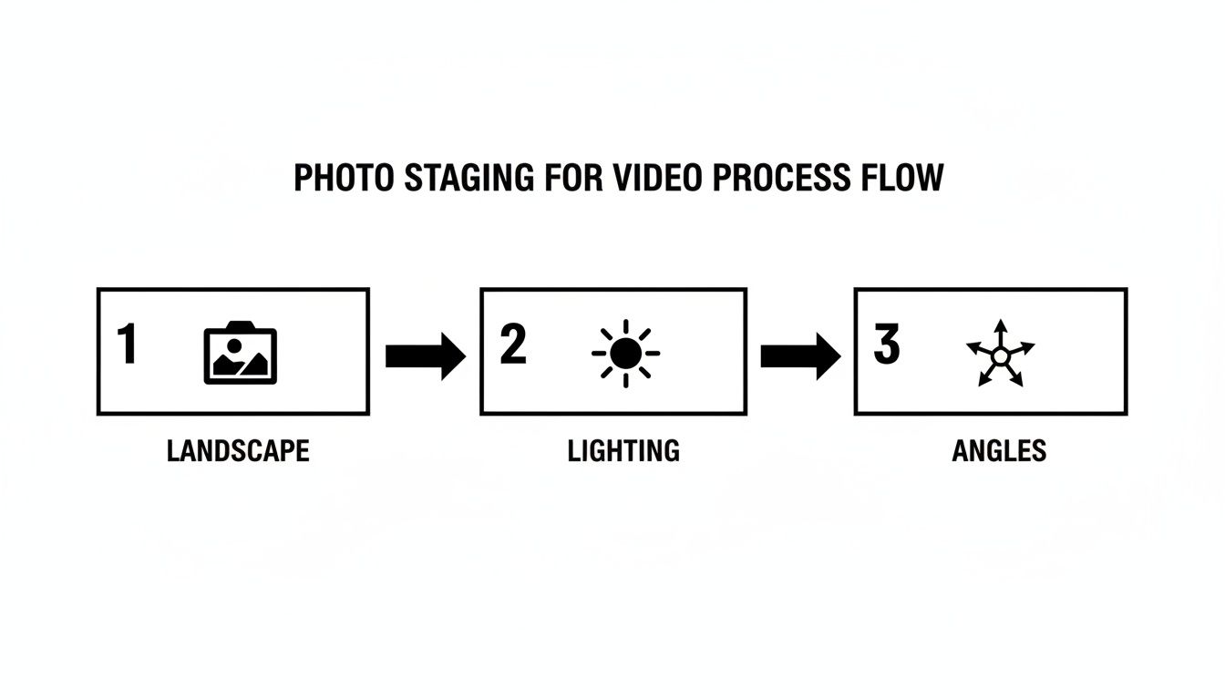 A three-step process flow for video photo staging, showing landscape, lighting, and angles.