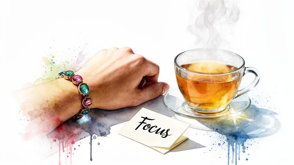 A hand wearing a vibrant gemstone bracelet rests near a steaming cup of tea and a 'Focus' note card.