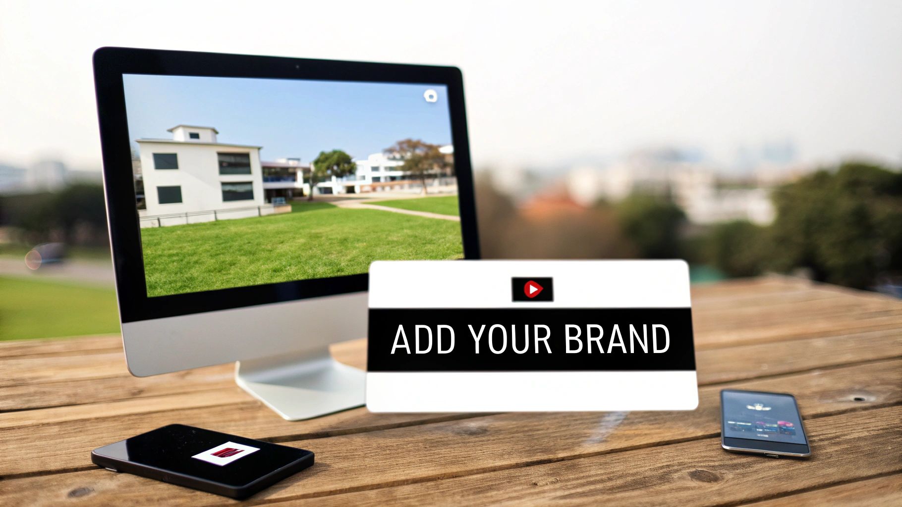 Monitor showing a building, 'Add Your Brand' card, and smartphones on a wooden table.