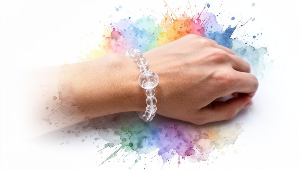 A person's wrist wears a clear crystal beaded bracelet, surrounded by vibrant watercolor splashes.