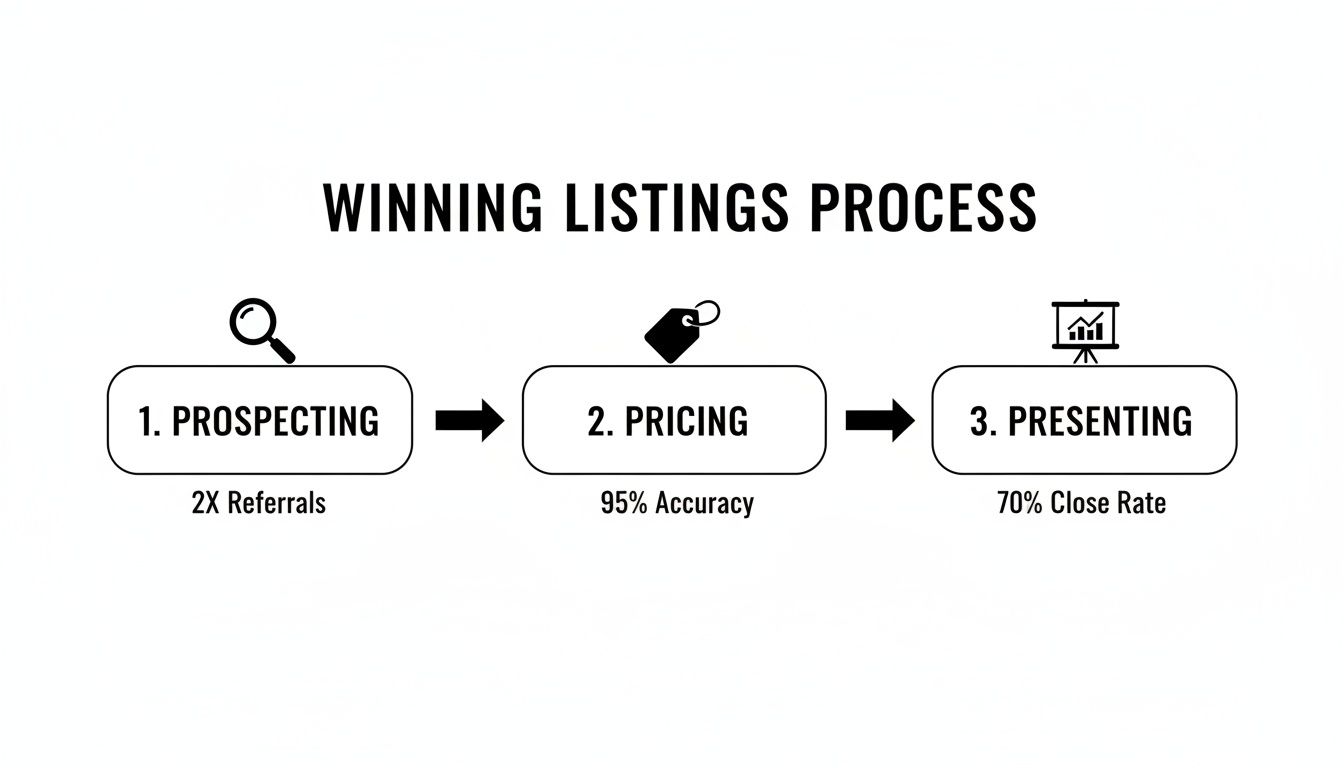 Winning Listings Process workflow: 1. Prospecting (2X Referrals), 2. Pricing (95% Accuracy), 3. Presenting (70% Close Rate).