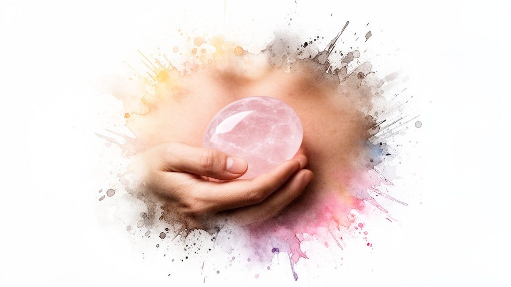 A hand gently cradles a smooth, pink rose quartz crystal against a soft watercolor background.