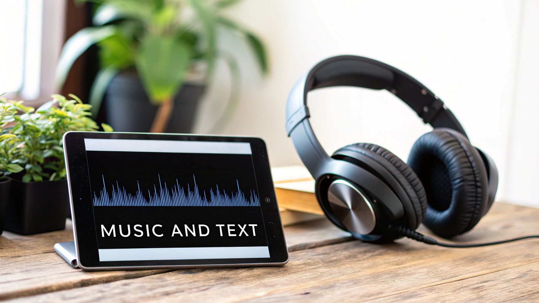 A tablet displaying music sound waves and text, next to black headphones on a wooden desk.