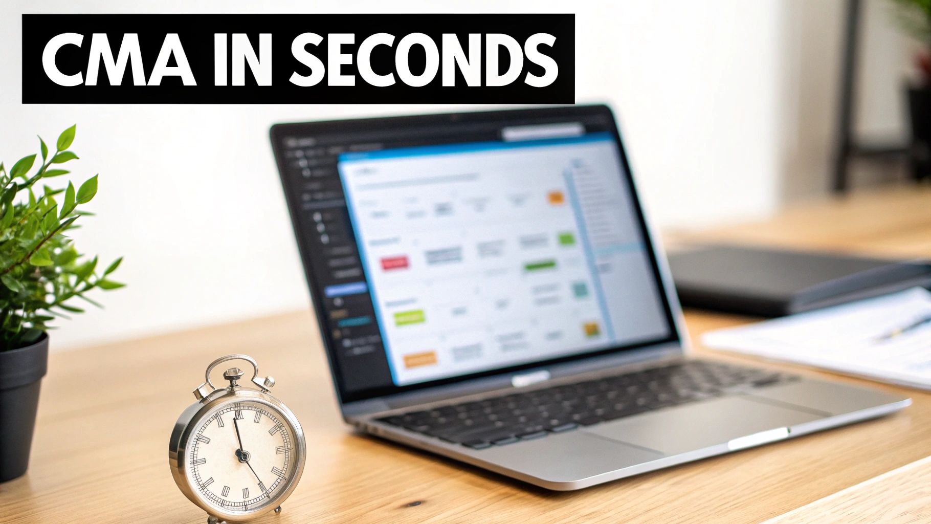 A laptop on a wooden desk showing a data application, with an alarm clock and plant, for fast CMA.