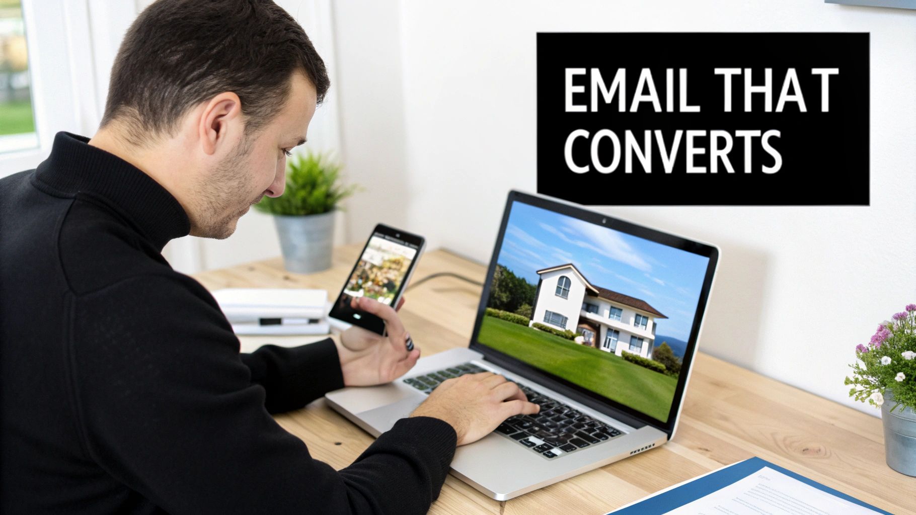 A man uses a laptop displaying a house and holds a smartphone, with a sign 'EMAIL THAT CONVERTS' in the background.