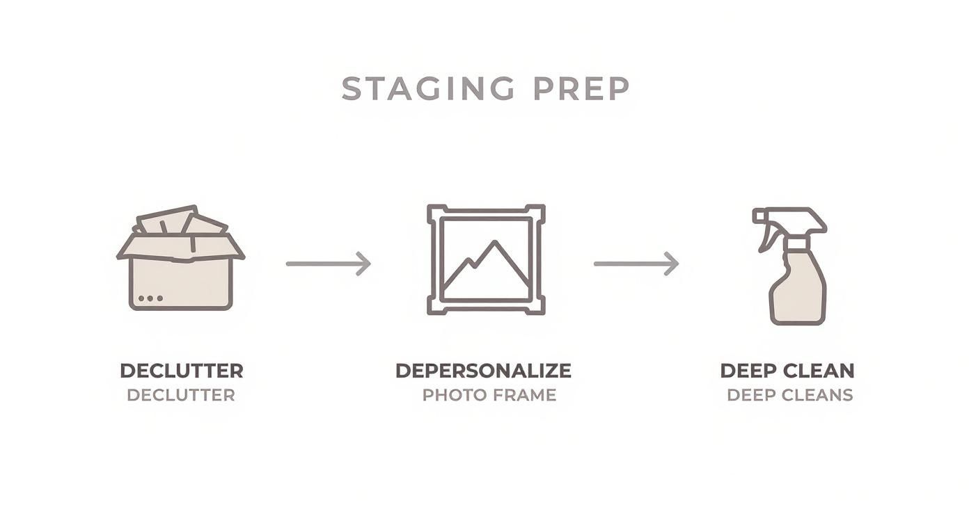 Three step home staging preparation process showing decluttering, depersonalizing photos, and deep cleaning with illustrated icons