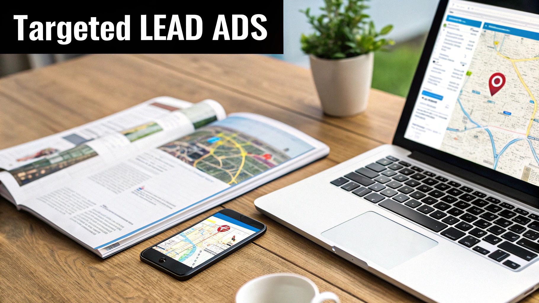 Desk with laptop and phone displaying maps, an open magazine, and 'Targeted LEAD ADS' text, representing location-based marketing.