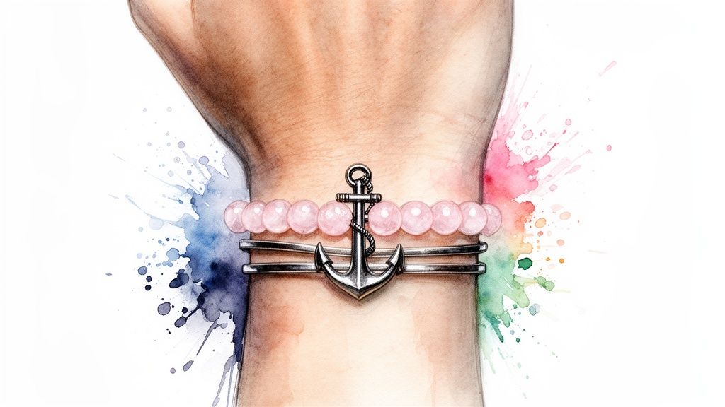 A wrist wearing a pink beaded bracelet and a silver anchor charm bracelet with watercolor background.