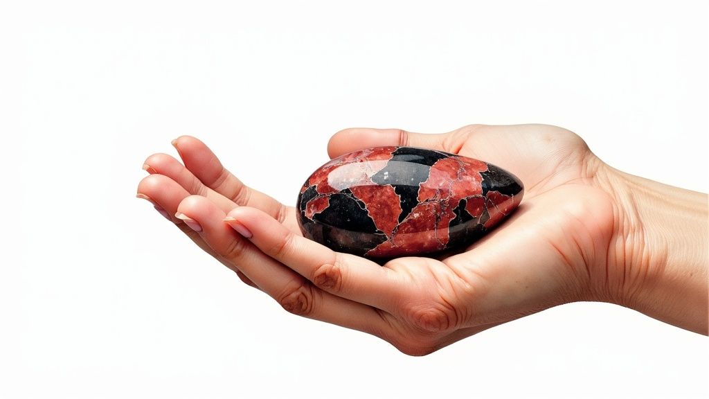Cupped hands hold a smooth, egg-shaped red and black polished stone against a white background.