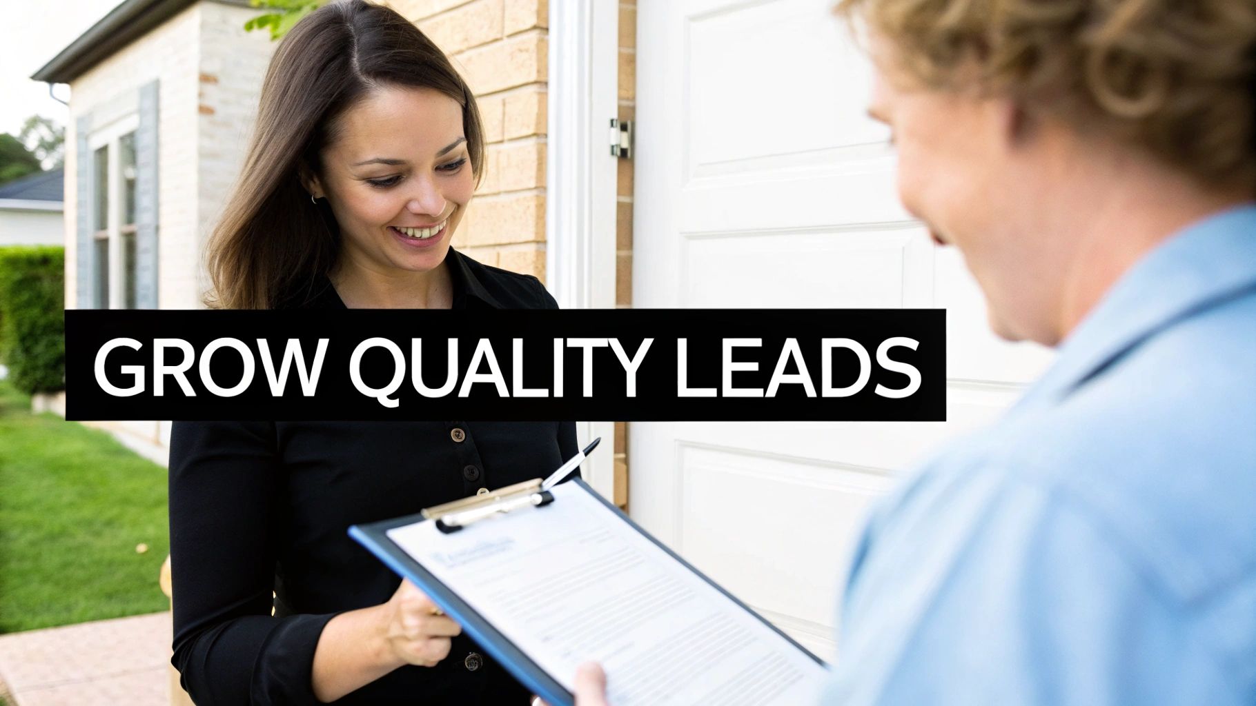 A smiling woman holding a clipboard and pen talks to a person at a doorstep, with text 'GROW QUALITY LEADS'.