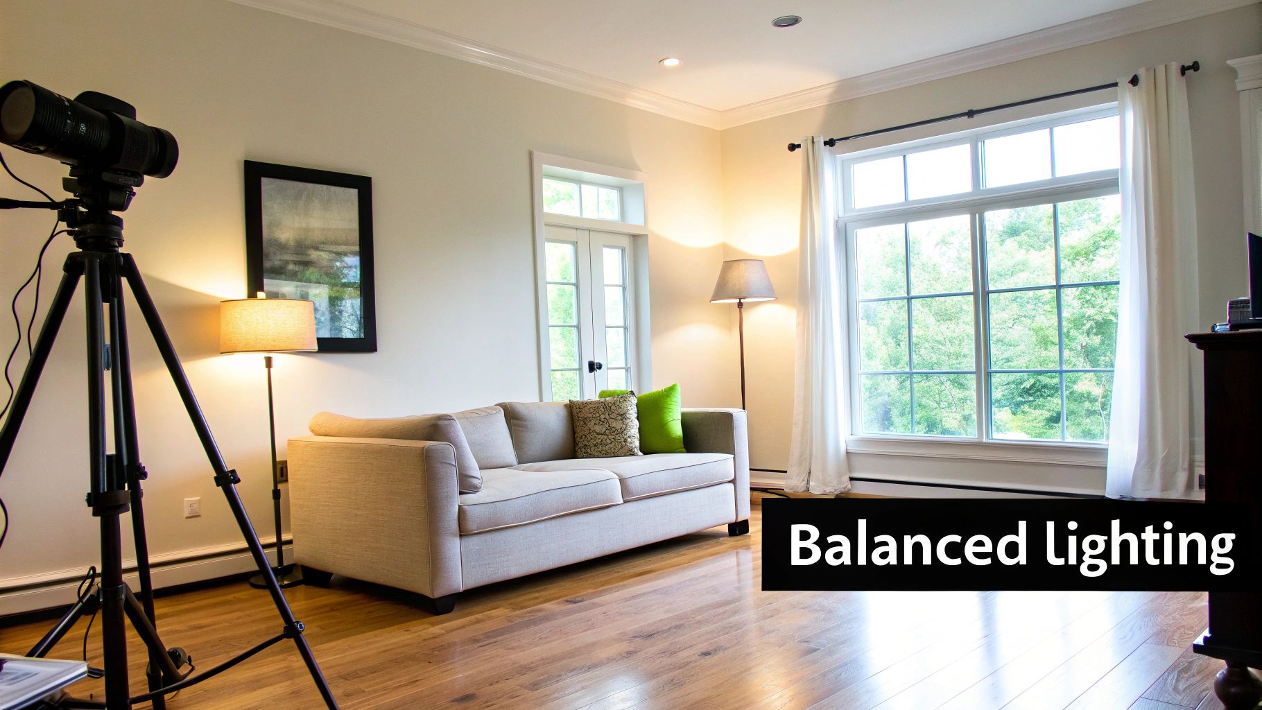 Professional camera setup in a bright living room demonstrating balanced lighting for real estate photography.