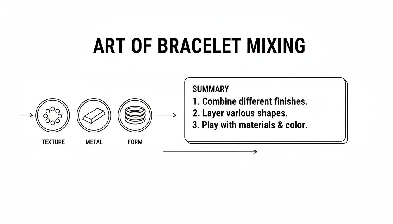 Diagram outlining the art of bracelet mixing, focusing on texture, metal, form, and styling tips.