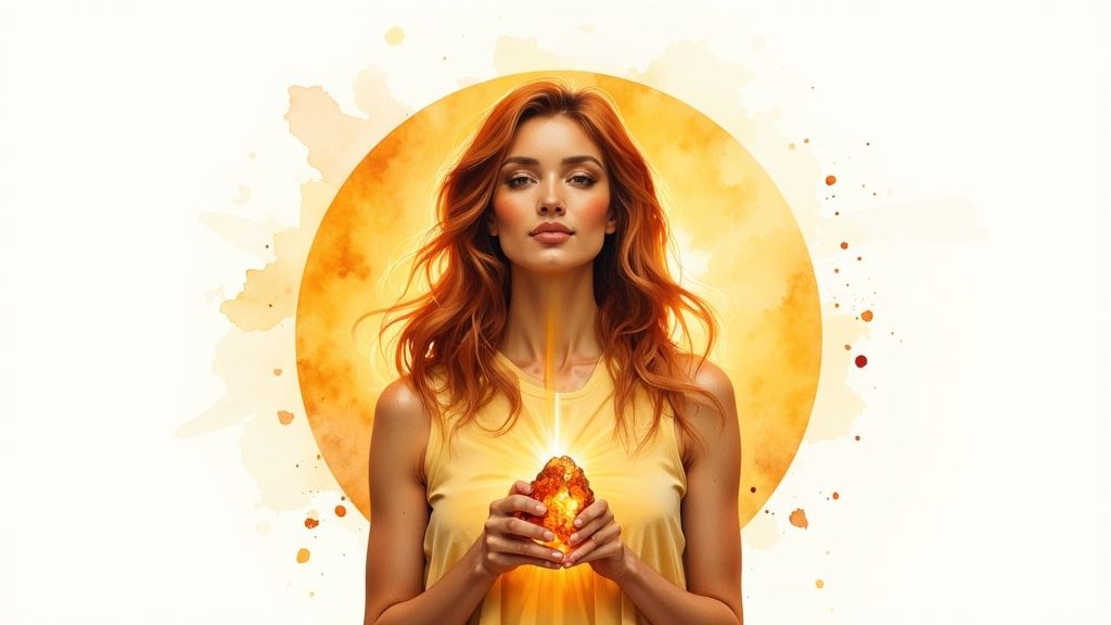A woman with fiery red hair holds a glowing orange crystal, radiating warm energy and light.