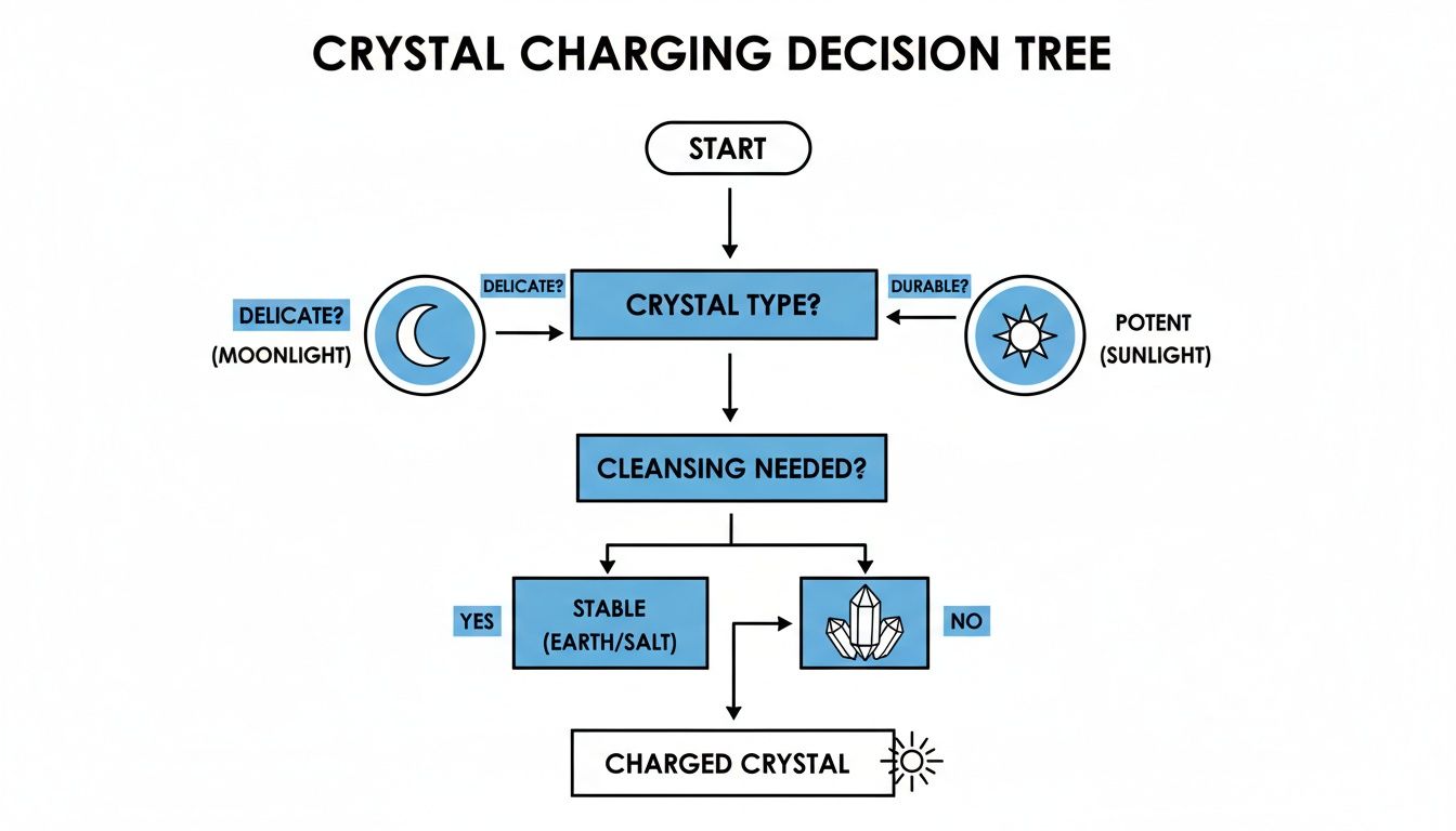 A flowchart outlining the steps for charging and cleansing crystals based on their type and cleansing needs.