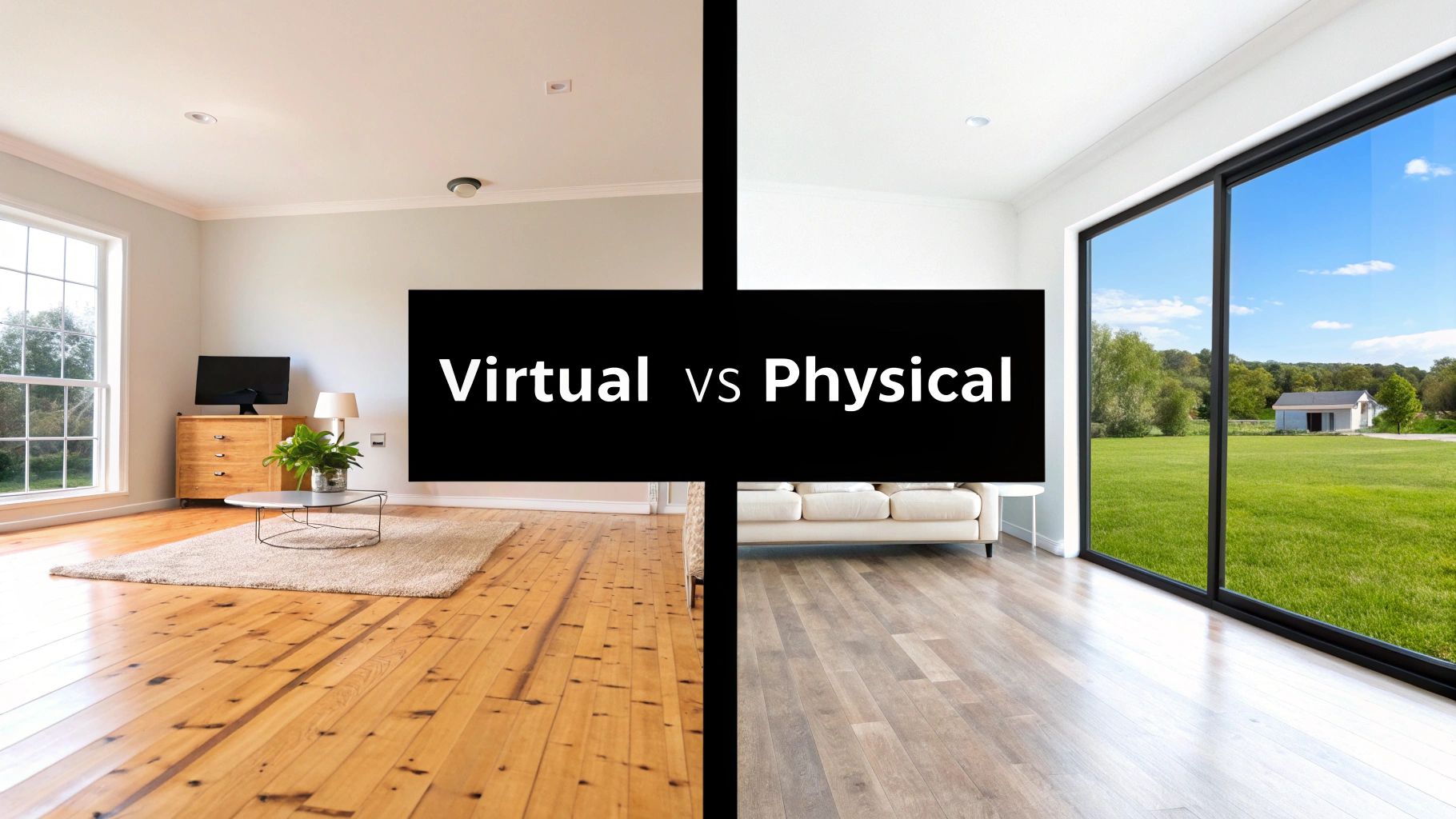 Split image comparing a virtually staged living room with a physical room and outdoor view.