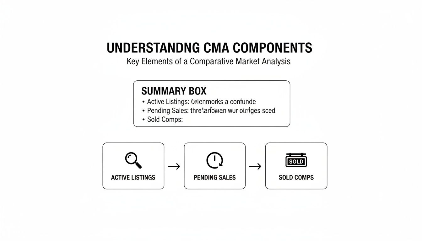Diagram illustrating the key components of a Comparative Market Analysis (CMA) with active, pending, and sold listings.