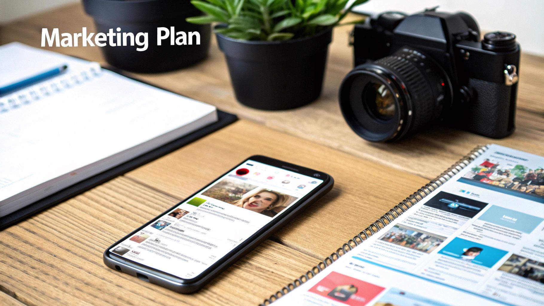 A wooden desk with a 'Marketing Plan' notebook, a smartphone displaying social media, a camera, and a plant.