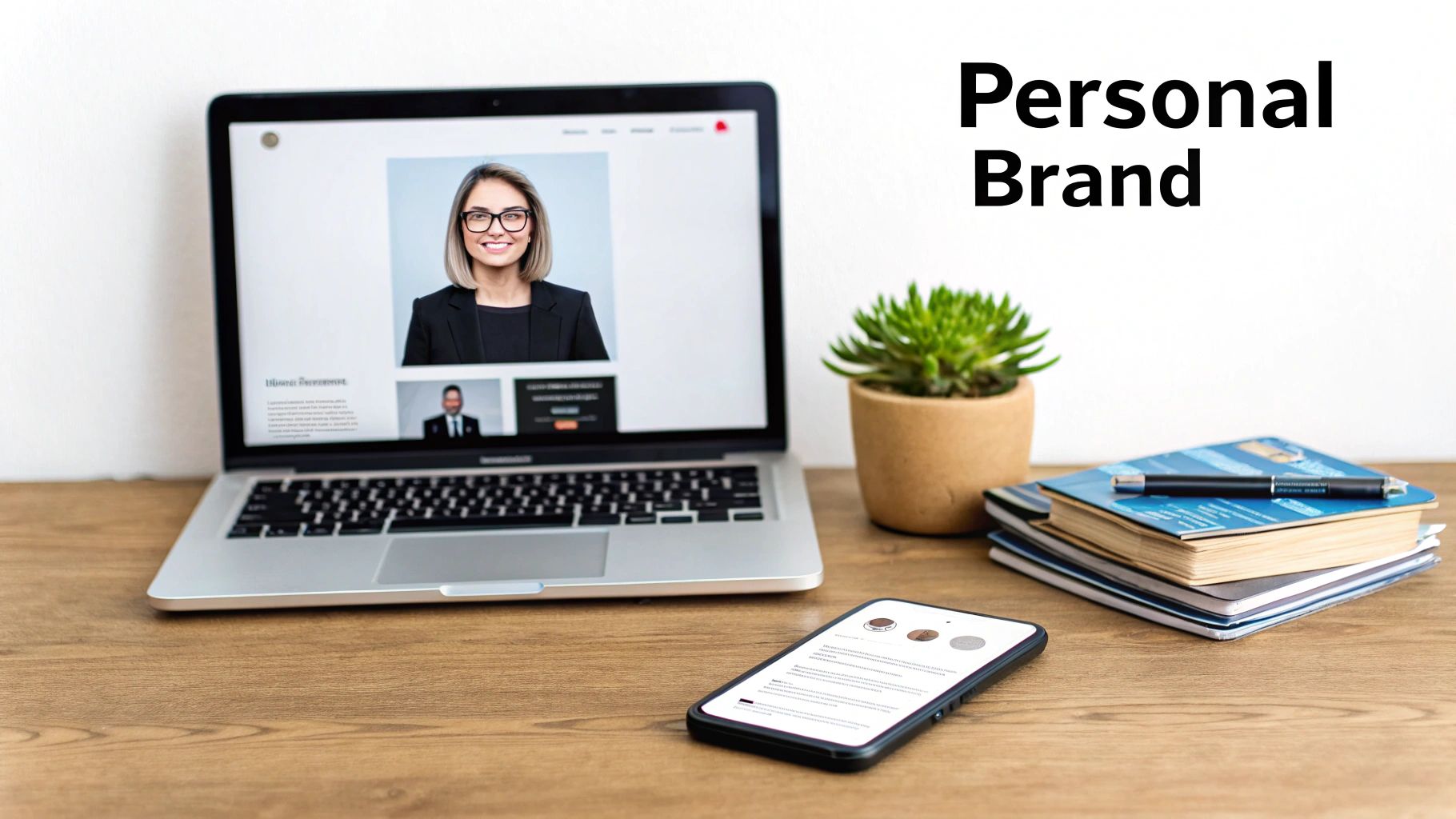 A laptop and smartphone display personal branding profiles on a wooden desk, accompanied by a plant and notebooks.
