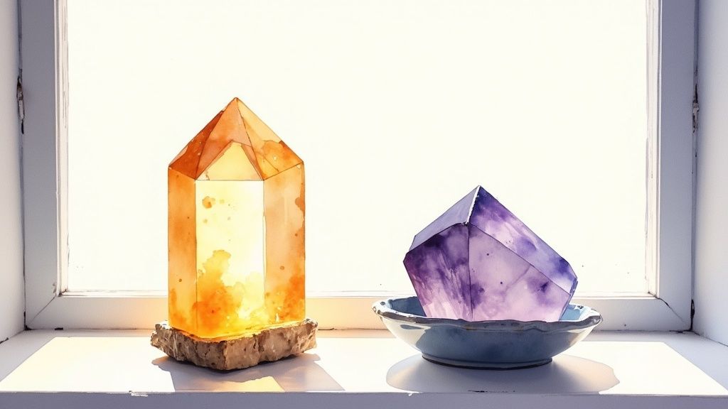 A variety of crystals like amethyst, clear quartz, and rose quartz basking in the soft glow of moonlight near a window.