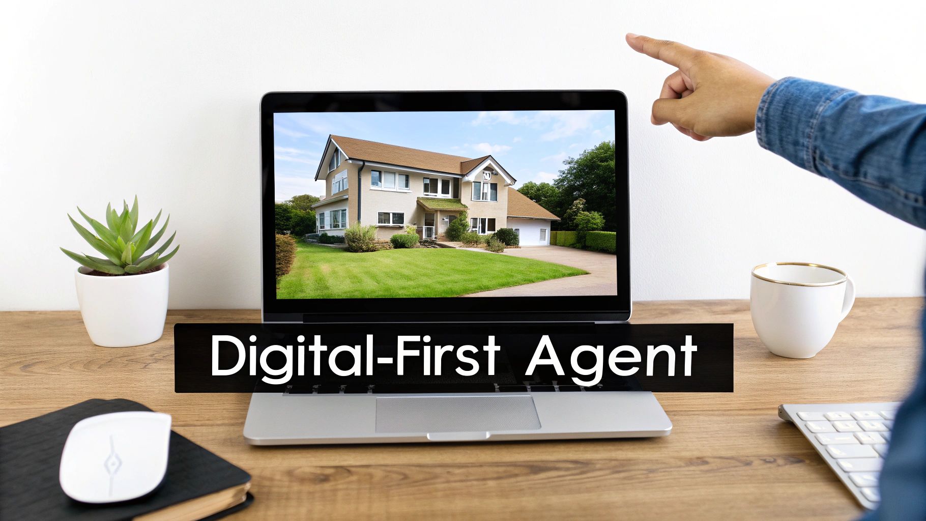 A hand points at a laptop displaying a house and a 'Digital-First Agent' banner on a wooden desk with a plant.