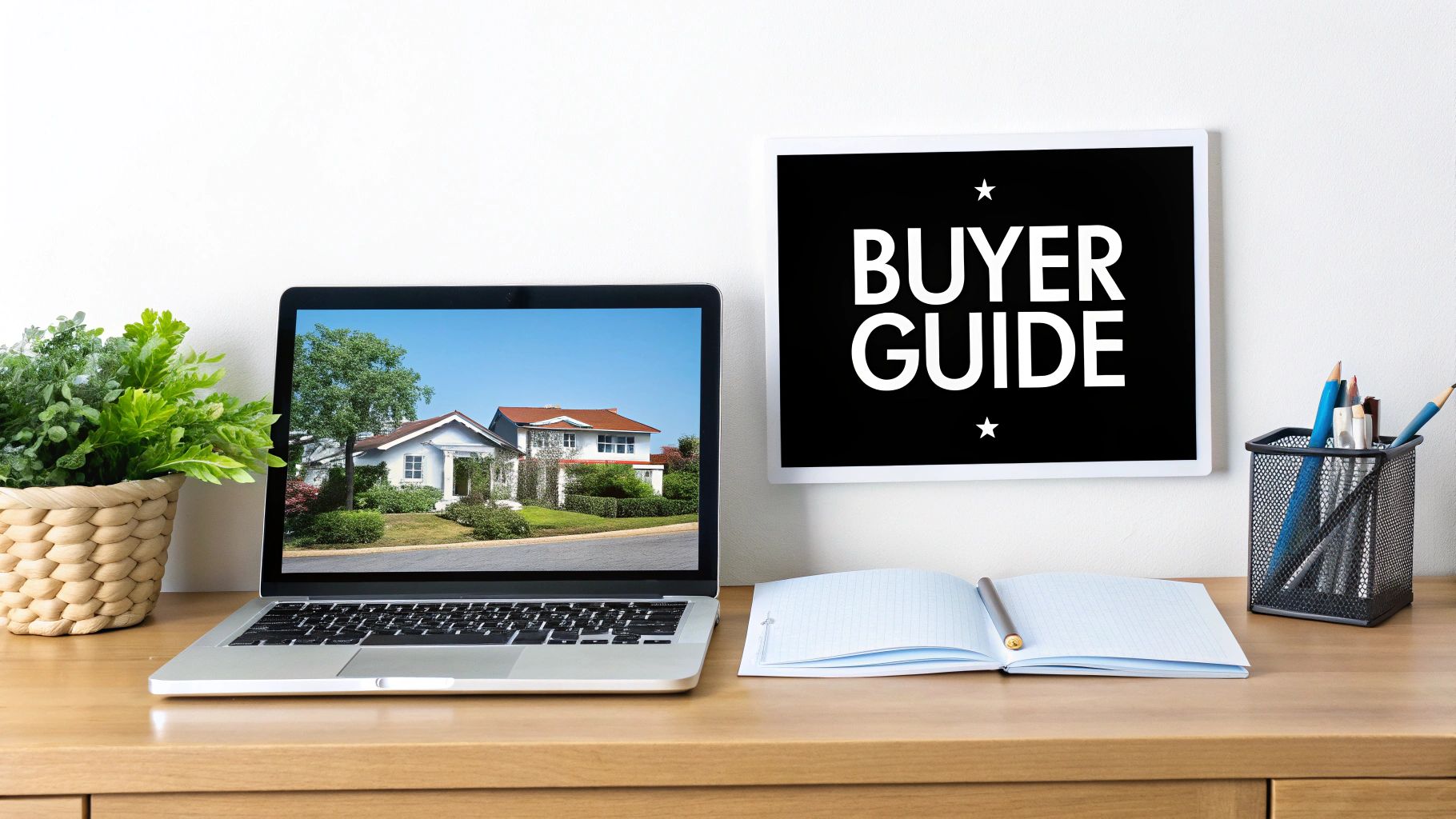 Laptop displaying house photo beside buyer guide sign on wooden desk workspace