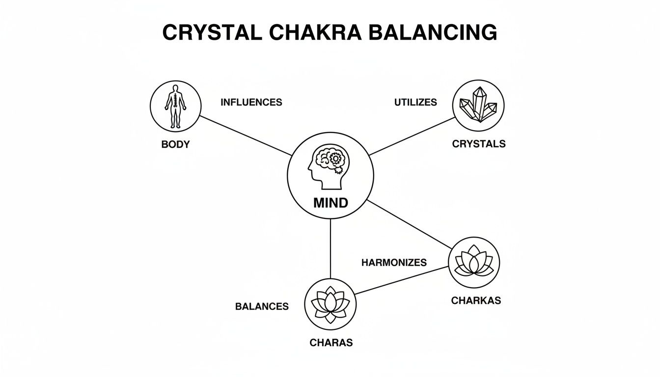 A diagram illustrating the concept of Crystal Chakra Balancing, showing how mind connects to body, crystals, chakras, and charas.