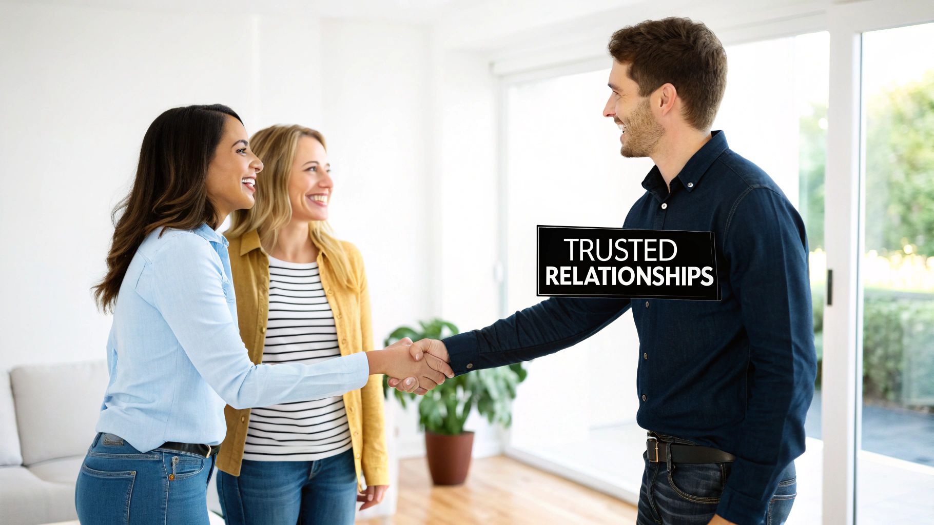 Three diverse people smiling and shaking hands, representing trusted relationships and client rapport.